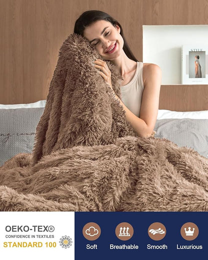 Pawque Faux Fur Blankets Queen Size Fluffy Soft, Sherpa Fleece Luxury Decorative Warm Cozy Throw for Sofa Couch Bed, Breathable & Washable, Brown / 90x90 inches
