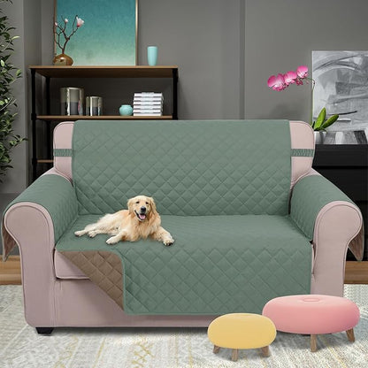 U-NICE HOME Loveseat Sofa Cover Reversible Couch Cover for Dogs with Elastic Straps Water Resistant Furniture Protector for Pets Couch Cover for 2 Cushion Couch (Loveseat, Greyish Green/Taupe)