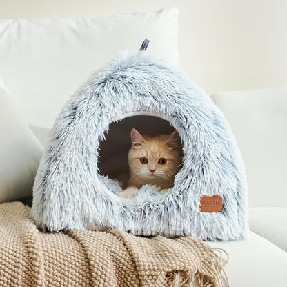 CATISM Cat Beds for Indoor Cats 2 in 1 Cat Bed Cave Machine Washable Fluffy Cat Cave Bed Foldable Non-Slip Washable Cushioned Pillow Soft Plush Premium Cotton Pet Bed for Kittens and Small Dogs Gray L