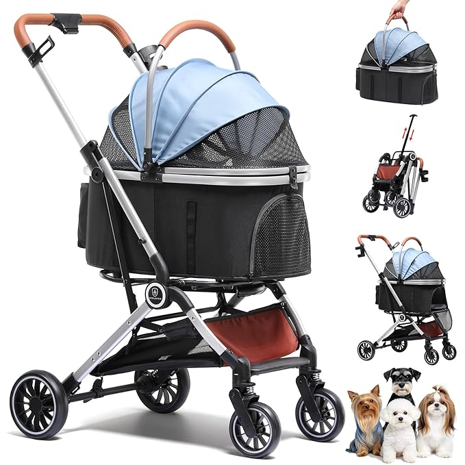 GTPLAYER 3 in 1 Pet Stroller with Removable Carrier, Foldable Stroller for Small/Medium Dogs and Cats, All-Terrain, with Sun Shades, Car Seat, Up to 45 lbs, Light Blue