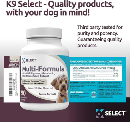 K9 Select Multi-Formula Dog Vitamins for Smaller Dogs - 10mg HMR Lignans, 1mg Melatonin, 20mg Milk Thistle - Helps Heart, Liver, Digestion, Skin & Coat Health, 90 Tablets, Peanut Butter Flavor