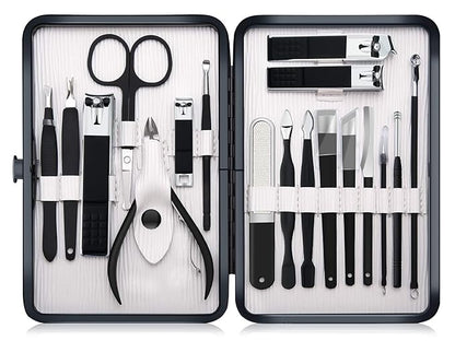 Professional Stainless Steel Nail Clipper Travel & Grooming Kit Nail Tools Manicure & Pedicure Set of 18pcs with Luxurious Case (Black/White)
