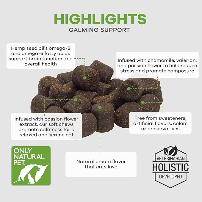 Only Natural Pet Calming Hemp Soft Chews - Relaxation Composure Sedative Tranquilizer Treats for Cat Stress Reduction w/Soothing Botanicals Supports Sleep Aid Quiet Travel Chill Vet Visit - 60 Count