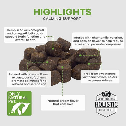 Only Natural Pet Calming Hemp Soft Chews - Relaxation Composure Sedative Tranquilizer Treats for Cat Stress Reduction w/Soothing Botanicals Supports Sleep Aid Quiet Travel Chill Vet Visit - 60 Count