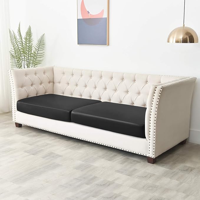 Yates Home PU Leather Couch Sofa Cushion Slipcover Water-Proof Elastic Chair RV Seat Covers Loveseat Slip Cover for Settee Seater Replacement in Living Room（2 Piece Large Sofa Cushion Covers, Black