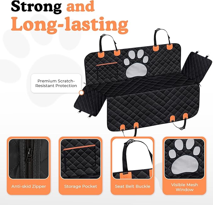 Dog Car Seat Cover For Back Seat, 100% Waterproof Hammock & Back Seat Protector 137*147 cm (54*58 in), Heavy Duty 600D Oxford, Non-Slip, Scratchproof, Easy to Clean, Universal Fit for Cars,