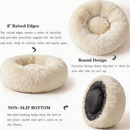 Calming Donut Dogs Beds for Small Dogs Washable,28inch Plush Round Pet Bed for Cozy Sleep,Fluffy Faux Fur Large Cat Bed,Fits up to 30 lbs Pets,Beige