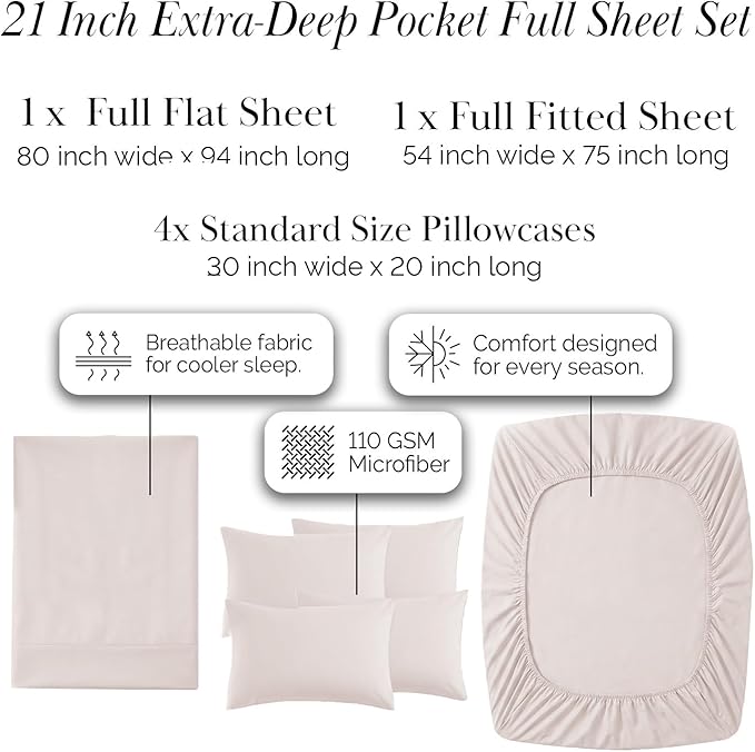 Southshore Fine Living, Inc. 6-Piece, 21-in Extra Deep Pocket Full Size Sheets Set, Hotel Quality Pet Hair Resistant Bedding, Easy Care Microfiber, Oatmeal Shade Sheet Set Full Size- Natural Beige