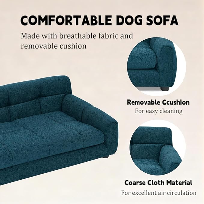 Dog Couch Bed with Backrest and Armrest, Durable Pet Sofa with Upholstered Foam Cushion, Elevated Dog Couch Bed with Legs for Medium Dogs, Blue
