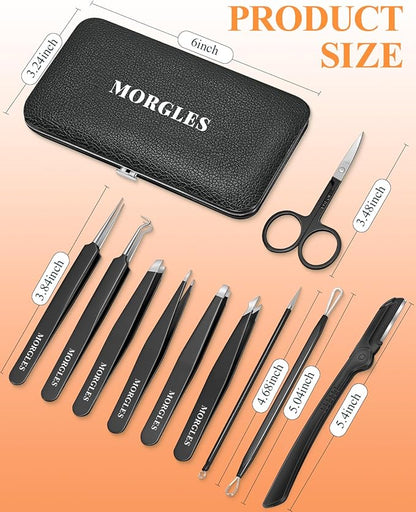 MORGLES Tweezers Set for Men, 10 in 1 Professional Eyebrow Tweezers Kit with Razor, Scissors and Blackhead Remover Tools with Travel Bag, Grooming Beauty Set (Black)