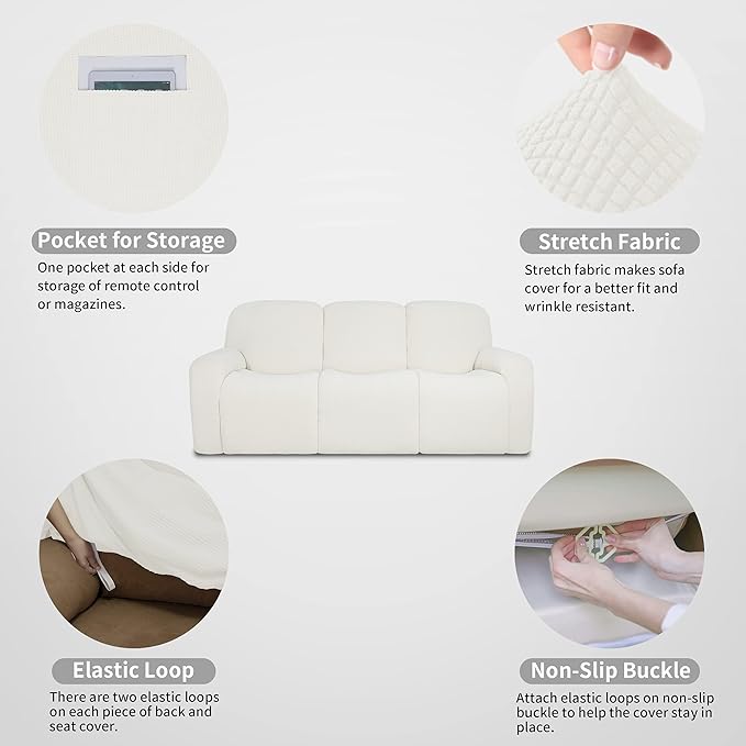 Easy-Going 100% Dual Waterproof Recliner Sofa Cover, 8-Pieces Stretch Relining Couch Cover with Pocket, Jacquard 3 Seat Sofa Slipcover Leakproof Washable (Sofa, Cream)