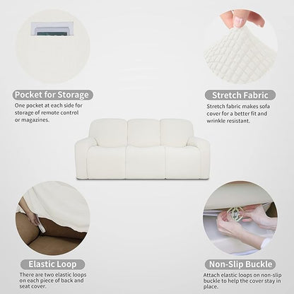 Easy-Going 100% Dual Waterproof Recliner Sofa Cover, 8-Pieces Stretch Relining Couch Cover with Pocket, Jacquard 3 Seat Sofa Slipcover Leakproof Washable (Sofa, Cream)