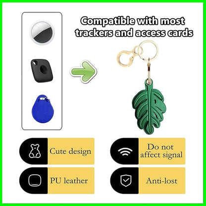 Leather Keychain Holder Case Compatible with AirTag,Cute Protective Cover with Keyring,Anti-Scratch Finder GPS Tracker Case for Wallet Keys,Bag,Pets,Backpack(Green Leaves)