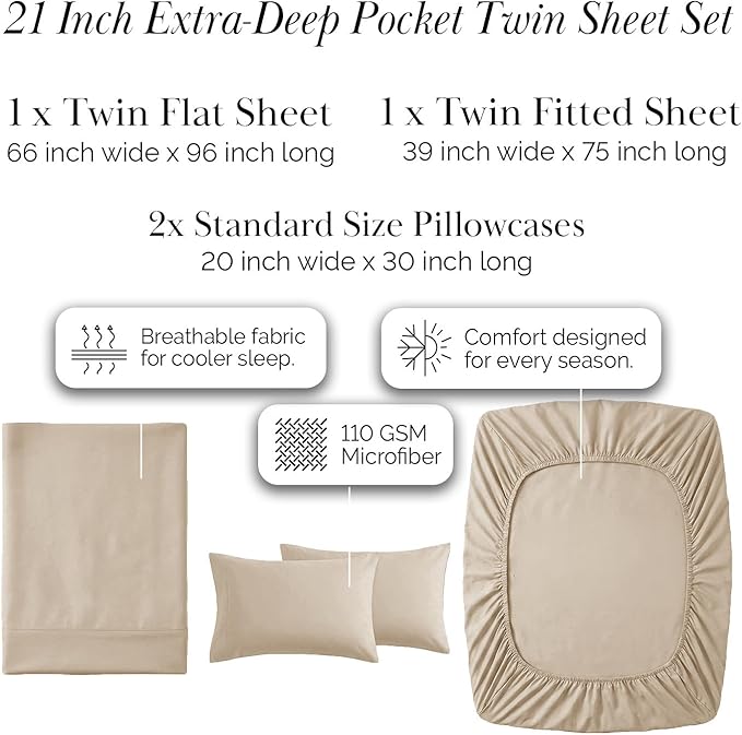 Southshore Fine Living, Inc. 4-Piece Twin Sheets Set, 21" Extra Deep Pocket Twin Fitted Sheet, Oversized Flat Sheet, Microfiber Bedding Set, Beige Pillow Cases Standard Size, Beige Sheets, Soft Sand
