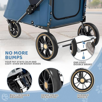Magshion Pet Stroller for Medium Dogs w/Adjustable Handle, 3-Wheel Dog Cat Wagon w/Dual Entry, Rear Storage, Breathable Mesh, One-Foot Brake, Ideal for Large Pets up to 55 lbs, Navy Blue