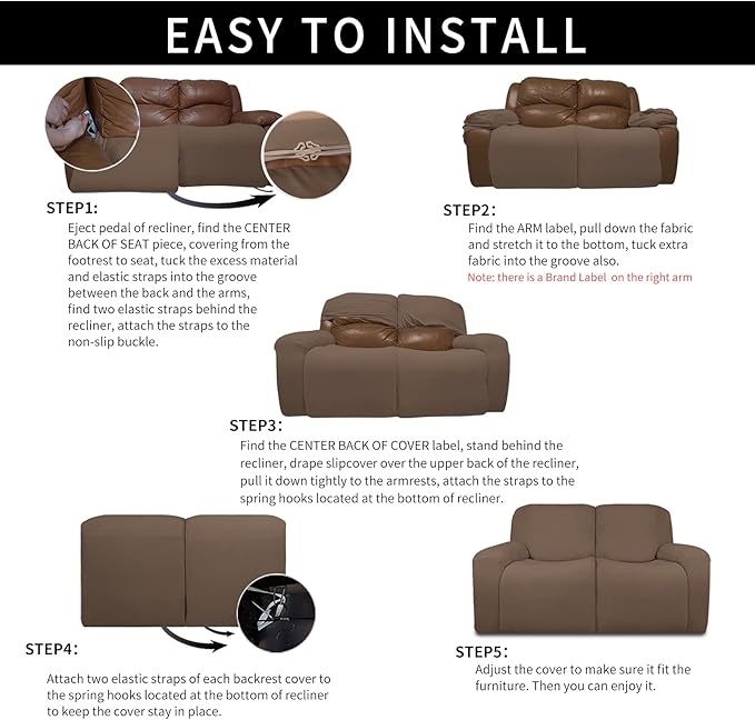 Easy-Going 100% Dual Waterproof Recliner Loveseat Cover, 6-Pieces Stretch Relining Sofa Cover with Pocket, Jacquard 2 Seat Sofa Slipcover Leakproof Washable (Loveseat, Brown)