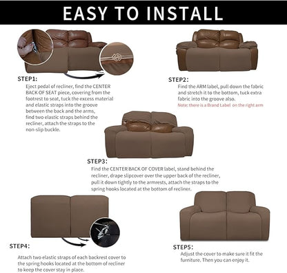 Easy-Going 100% Dual Waterproof Recliner Loveseat Cover, 6-Pieces Stretch Relining Sofa Cover with Pocket, Jacquard 2 Seat Sofa Slipcover Leakproof Washable (Loveseat, Brown)