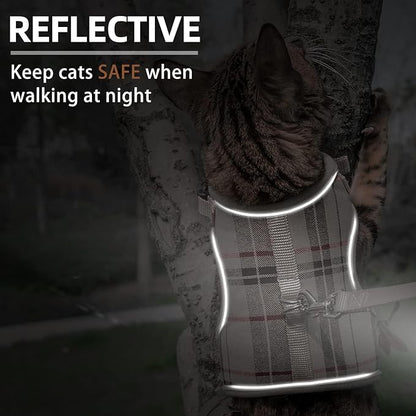 PUPTECK Soft Mesh Cat Vest Harness and Leash Set Puppy Padded Pet Harnesses Escape Proof for Cats Small Dogs Rabbits Bunny, Plaid Beige, L