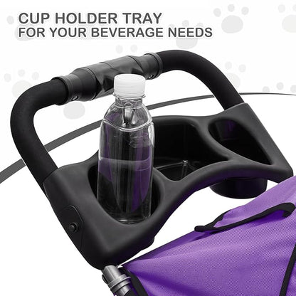 MoNiBloom 3 Wheels Pet Dog Cat Stroller for Small Medium Dogs Cats, Lightweight Foldable Jogger Stroller w/Storage Basket and Cup Holder, Purple