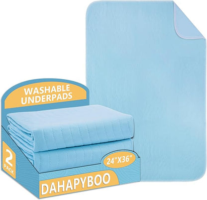 DAHAPYBOO Washable Underpads, 24”x36” 2 Pack Incontinence Bed Pads,Heavy Absorbency Reusable Bed Pads for Elderly,Kids,Adults and Pets,Bed Pads Washable Waterproof Quick Drying for Bed, Sofa, Floor