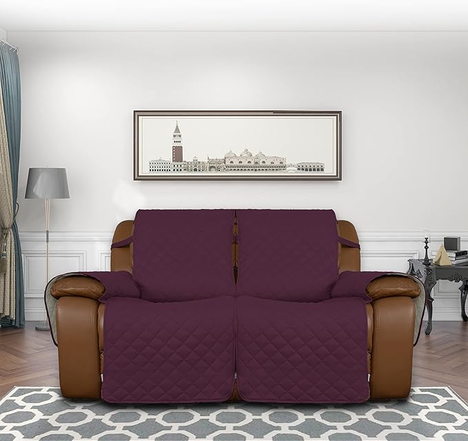 Easy-Going Oversized Loveseat Recliner Cover, Reversible Couch Cover for Double Recliner, Split Sofa Cover for Each Seat with Elastic Straps for Kids, Dogs, Pets(Oversized 2 Seater, Wine/Beige)