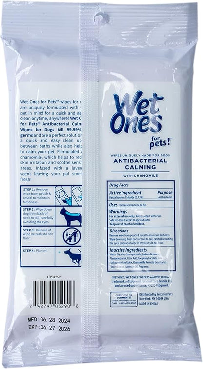 Wet Ones for Pets Antibacterial Calming Wipes with Chamomile, Lavender Scent - Dog Cleaning Wipes - Scented, Durable and Disposable Dog Wipes for Paws, 30 Count