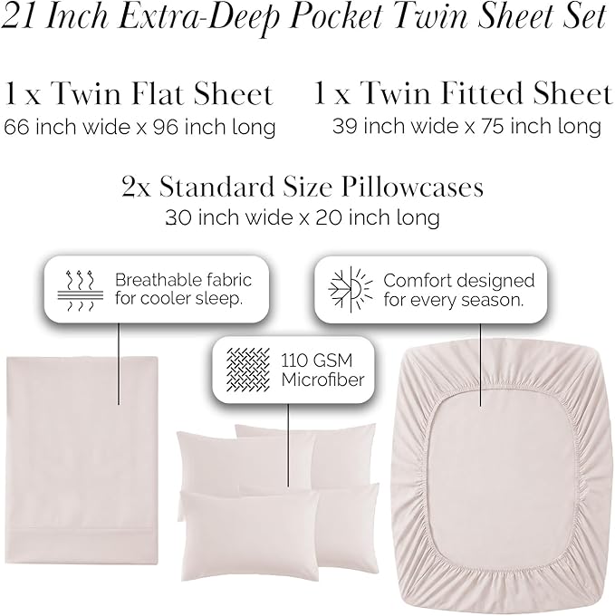 Southshore Fine Living, Inc. 4-Piece, 21-Inch Extra Deep Pocket Twin Sheets Set, Pet Hair Resistant Bedding, Wrinkle Free, Easy Care Microfiber, Oeko-Tex, Bone Colored Sheets Twin Size - Natural Beige