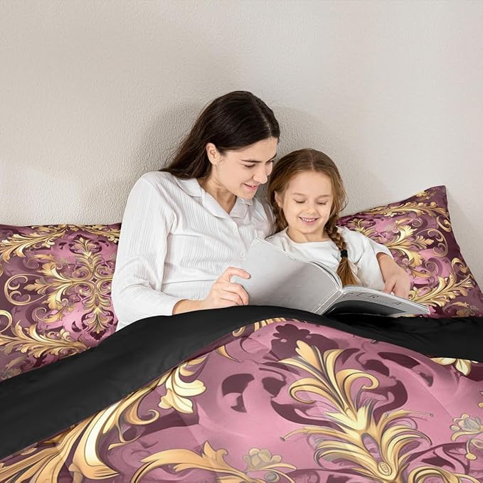 Erosebridal Golden Damask Print Bedding Set Toddler Size for Women Adults, Victorian Flower Vintage Fashion Paisley Quilt Set, Boho Aztec Hippie Chic Comforter Sets, Bohemian Exotic Duvet Insert