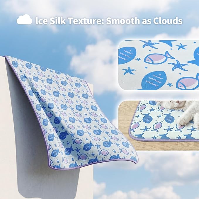 NWK Pack of 4 Pet Cooling Mat - Ice Silk Cooling Mat for Dogs & Cats Portable & Washable Pet Cooling Blanket, Car Seats, Beds for Summer (4pcs, Purple Fish, 27’’ X 20’’ X 0.3)