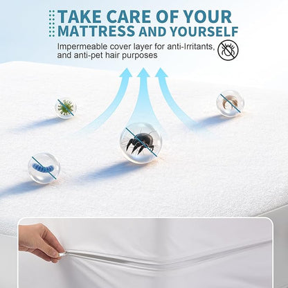 OhGeni 100% Waterproof Mattress Protector,Zippered Queen Size Mattress Encasement, Mattresses Pad, Premium Noiseless Breathable Soft Material, Mattresses Cover for Bed