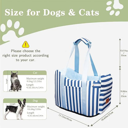 Cullaby Console Dog Car Seat - Portable Dogs Armrest Booster Seat for Small Dog, Anti-Collapse Pet Car Seat with Soft Cushion Safety Belt, Support Pet Up to 15lbs (Blue& White Stripes)