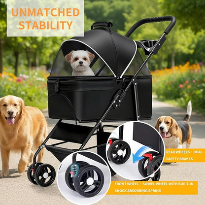 3-in-1 Pet Stroller for Small/Medium Dogs Cats,4 Wheels,Detachable Carrier Basket,Breathable Mesh,Storage Basket,Cup Holder,Weather Cover,Black