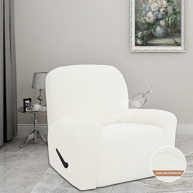 Easy-Going 100% Waterproof Recliner Cover, Dual Waterproof Couch Cover for Recliner, 1- Piece Jacquard Sofa Cover, Leakproof Sofa Slipcover for Kids, Pets, Dog and Cat (Recliner, Cream)