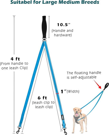 PetBonus Two Point Control Dog Leash, Works with No Pull Harnesses, No Tangle Training Leashes, Soft Padded and Reflective Walking Lead, Converts to Single Lead for Medium Large Dogs (Light Blue)