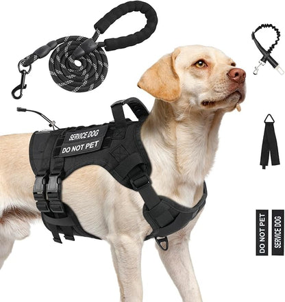No Pull Tactical Dog Harness for Large Dogs, Escape Proof Molle Dog Vest Harness and Leash Set, Adjustable Military Service Dog Harness with Handle for Medium Large Dogs(Black, L)