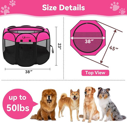Siedihit Dog Cat Playpen, Large Puppy Pet Playpen, Dog Crate Tent Cage Indoor/Outdoor, Portable Pop Up Dogs Kennel Playpen with Carrying Case for Dogs/Cats/Rabbits, Hot Pink