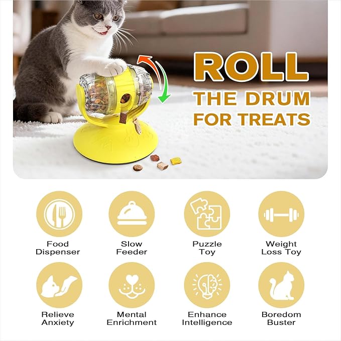 Cat Slow Feeder Toy, Beer Barrel Interactive Cat Toy, cat treat dispenser toy for Indoor Cats, Small Dogs, Enrichment Toy for IQ Training, Mental Stimulation, Relieve Boredom, Gifts (Yellow)