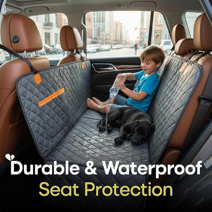 Jubily Dog Car Seat Cover for Back Seat, 100% Waterproof 600D Oxford Cloth Non-Slip Car Seat Protector, Universal Fit Pet Seat Cushion with Storage Pocket, Safety Ropes & Leash (Orange Pocket)