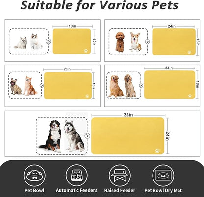 HotLive Dog Food Mat - Absorbent Cat Mat for Food and Water, No Stains Pet Feeding Bowl Mat, Easy to Clean Pet Placemats, Quick Dry Dog Water Dispenser Mat for Messy Drinkers | Paw Yellow 18"x 28"