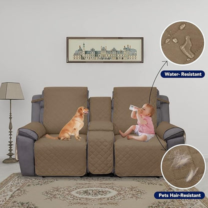 PureFit Water Resistant Reversible Loveseat Recliner Couch Cover for Double Recliner with Console – Non Slip Split Sofa Cover, Washable Reclining Cover for 2 Seat Recliner (2 Seat, Camel/Ivory)