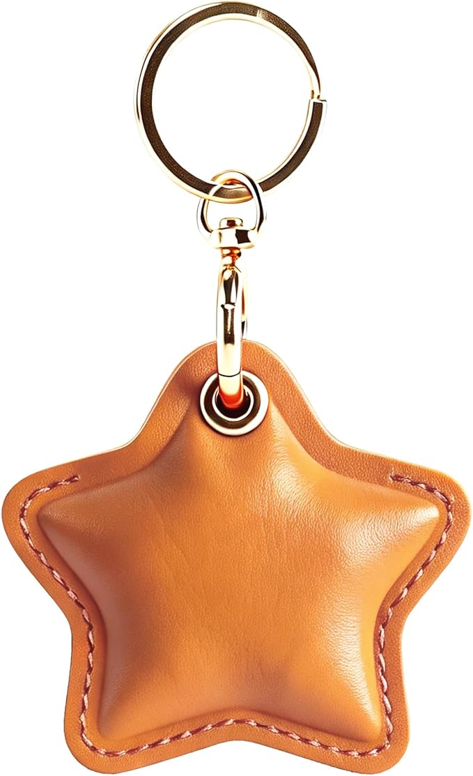 Leather Charm Keychain Holder Case Compatible with AirTag,Cute Protective Star-Shaped Cover with Luxe Ring Clip,Finder GPS Tracker Case for Wallet Keys,Bag,Pets(Yellow)