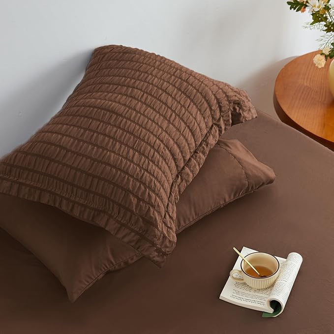 Love's cabin Seersucker Brown Twin Comforter Set, 5-Piece All Season Lightweight Bed in a Bag Bedding Set with Comforter, Flat Sheet, Fitted Sheet, Pillowcase and Sham | Soft, Breathable, Lightweight