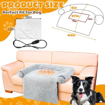 Heated Dog Couch Bed for Medium Size Dog Adjustable Temperature & Timer 35 x 31 x 6 in Calming Plush Fur Pet Bed Couch Cover with Electric Heating Pad Fluffy Plush Sofa Mat for Medium Small Dogs Cats