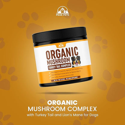 Mushroom Supplement Powder for Dogs (90g) Organic Mushroom Complex with Turkey Tail and Lions Mane for Dogs - Immune Support, Brain Health and Digestion - Third Party Tested, Non-GMO and Made in USA