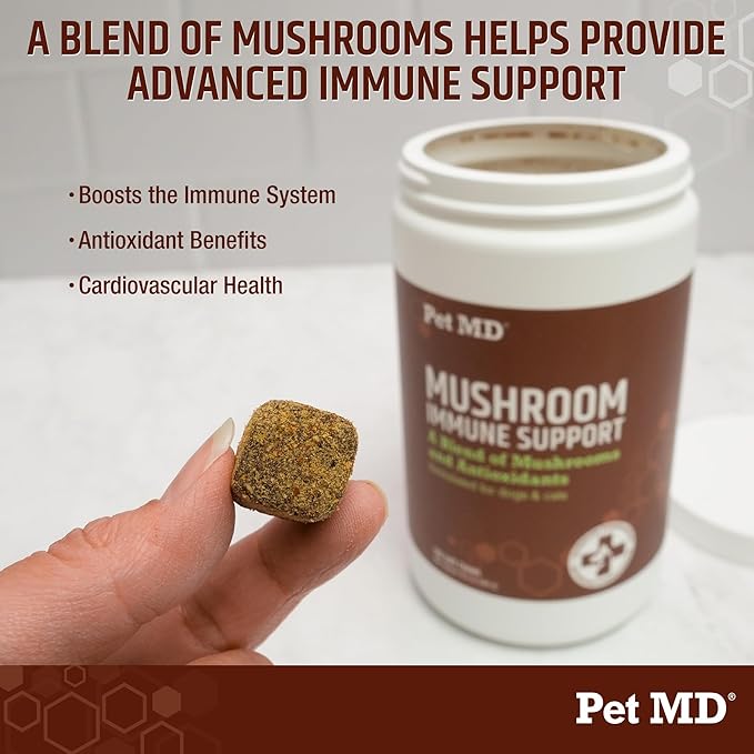 Pet MD Mushroom Immune Support for Dogs & Cats - Turkey Tail Mushroom Immune Support Supplement - Milk Thistle with CoQ10 for Dogs & Cats - Immunity Supplement for Pets - 120 Chews