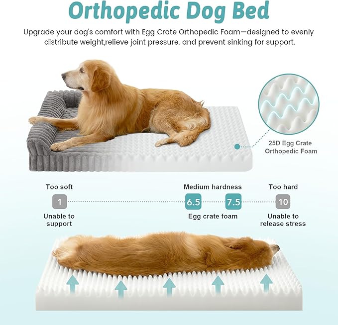 COZY KISS Cute Dog Bed, Faux Rabbit Fur Orthopedic Foam Dog Bed with Sides, Removable Washable Cover & Waterproof Lining, Comfortable Pet Couch for Large Dogs, Grey (44" L x 32" W x 7" Th)