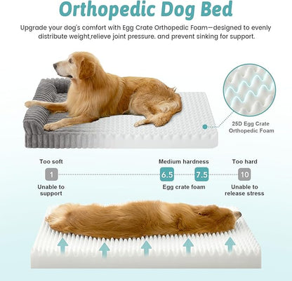COZY KISS Cute Dog Bed, Faux Rabbit Fur Orthopedic Foam Dog Bed with Sides, Removable Washable Cover & Waterproof Lining, Comfortable Pet Couch for Large Dogs, Grey (44" L x 32" W x 7" Th)