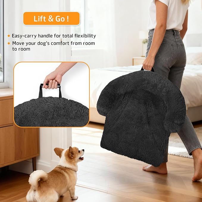 Calming Dog Bed Fluffy Plush Dog Mat for Furniture Protector with Removable Washable Cover for Large Medium Small Dogs and Cats (Large(45x37x6), Dark Grey)