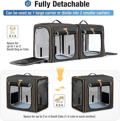 Lekereise Extra Large Cat Carrier for 2 Cats, 2-in-1 Cat Travel Carrier with Litter Box, (20.85" x2) x19.7"x19.7" Pet Carrier with Zipper Locks for Moving Across The Country (No Hammock) - Black