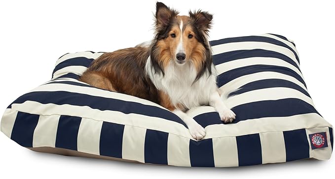 Majestic Pet Shredded Memory Foam Dog Bed Large with Removable Washable Cover 44x36x5 Inch - Rectangle Orthopedic Dog Bed for Senior Dogs–Flat Durable Dogs Crate Bed - Vertical Stripe - Navy Blue